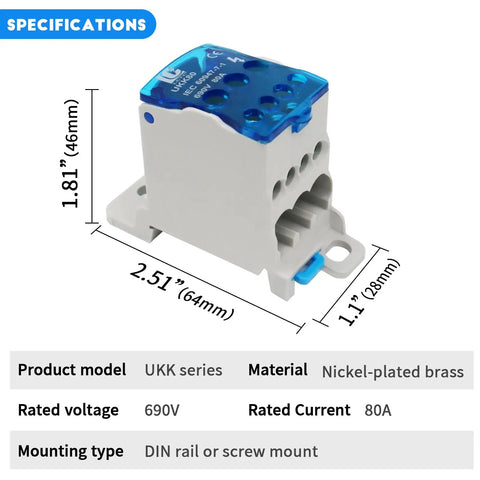 Two Pack Heavy Duty DIN Rail Power Distribution Block 80A With One Input Six Output Terminals Electrical Wire Connector Supports 14 To 6 AWG Wire For Home RV Marine Solar Automotive Industrial Wiring, 64x46x28mm, nickel-plated brass