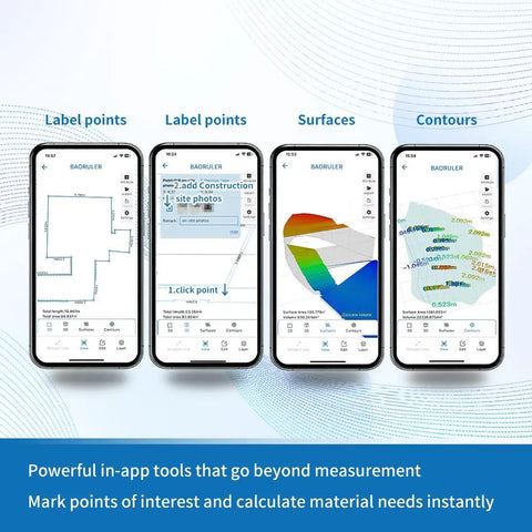 Digital Measuring Wheel With Smart App To Walk And Measure Distance And Area Across Gnarly Terrain No Tape Drama Just Pure Precision For Daily Grind Jobs And Quick Fixes showing app interface for measurement and contour analysis.