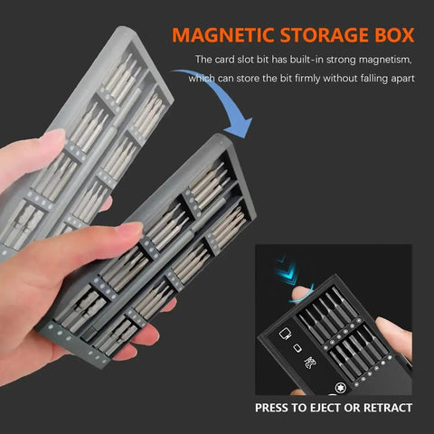 50 In 1 Magnetic Precision Screwdriver Set With Case showing magnetic storage box with multiple bits held firmly.