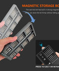 Person holding 50 In One Precision Screwdriver Set With Magnetic Bits And Case For Electronics Repair, shows magnetic storage box feature