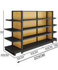 Heavy Duty Four Tier Storage Rack With Adjustable Shelves Double Sided Steel Frame And Wood Panels Built Tough for garage or retail, 223cm.
