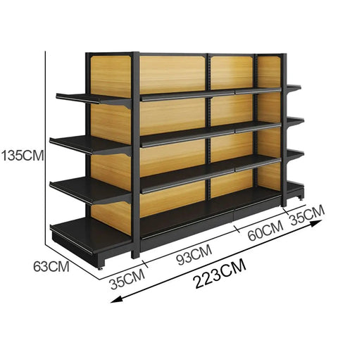 Heavy Duty Four Tier Storage Rack With Adjustable Shelves Double Sided Steel Frame And Wood Panels Built Tough for garage or retail, 223cm.