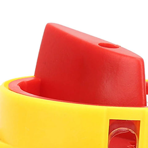 Close-up of Up To 32A Rotary Switch With 3 Pole 2 Position Disconnect Rotary Cam Selector in red and yellow.