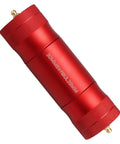 Red aluminum EVRBUL wheel bearing grease tool with storage tube; 30mm and 39mm adapters, knurled ends (side view).