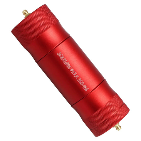 Red aluminum EVRBUL wheel bearing grease tool with storage tube; 30mm and 39mm adapters, knurled ends (side view).