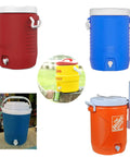 Various Rubbermaid and Gott coolers showcasing the push button water cooler spigot replacement kit with threaded washer.
