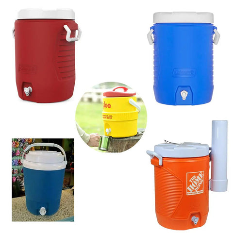 Various Rubbermaid and Gott coolers showcasing the push button water cooler spigot replacement kit with threaded washer.