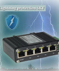 Rugged Industrial 5 Port Gigabit Ethernet Switch for DIN Rail or Wall Mounting with lightning protection and RJ45 ports, 10/100/1000 Mbps.