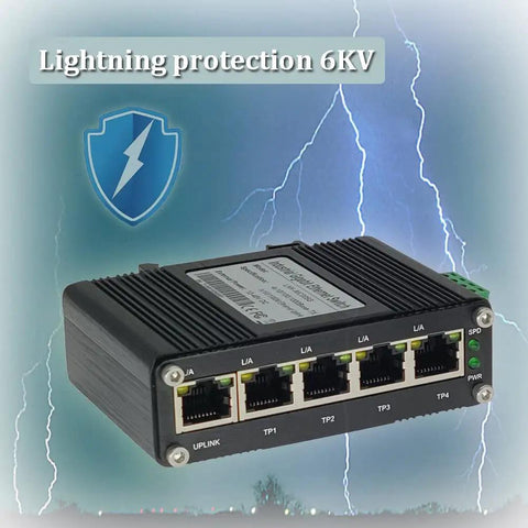 Rugged Industrial 5 Port Gigabit Ethernet Switch for DIN Rail or Wall Mounting with lightning protection and RJ45 ports, 10/100/1000 Mbps.