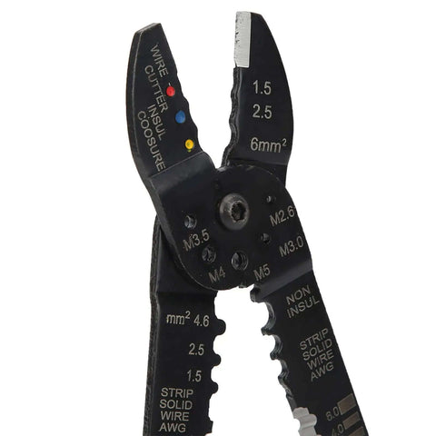 Close-up of Ergonomic Wire Terminal Crimping Tool and Wire Stripper for Insulated Terminals M5 M4 M3.5 M3.0 M2.6