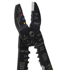 Close-up of Beefy Heavy Duty Multi Function Terminal Crimping And Wire Stripper Pliers with carbon steel blades for industrial use.