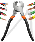 Heavy Duty 10 Inch Cable Cutters Featuring High Leverage Grip For Snipping 4/0 Aluminum And 2/0 Soft Copper Plus 100 Pair Com Cables, shown with various cables.