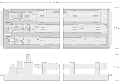 Diagram of Versatile Seventeen Piece Impact Extension And Accessory Set With Rails And Tray For One Quarter Inch, Three Eighths Inch, And One Half Inch Drive Extensions, Adapters, Reducers, And Storage Rails.