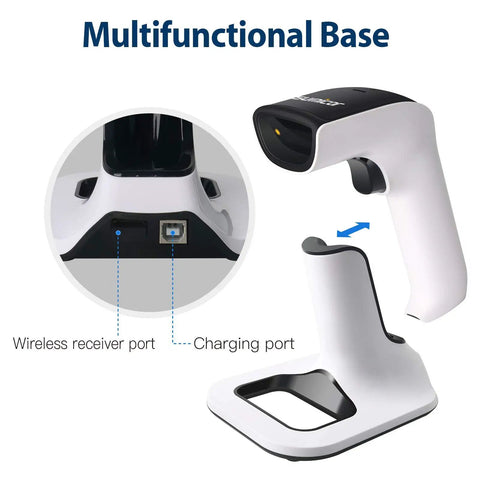 Three In One 2D Barcode Scanner Handheld USB Wired 2.4G Wireless Bluetooth No Software Install Needed Windows Mac QR PDF417 1D QuickBooks Easy Plug And Play Vibration with multifunctional base showing wireless receiver port and charging port.