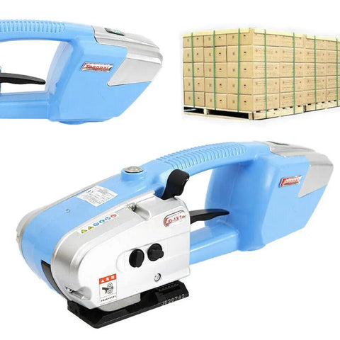 Heavy Hitter Handheld Battery Powered Strapping Machine With Automatic PET Or PP Belt Welding solid metal build, blue color, portable packing tool.