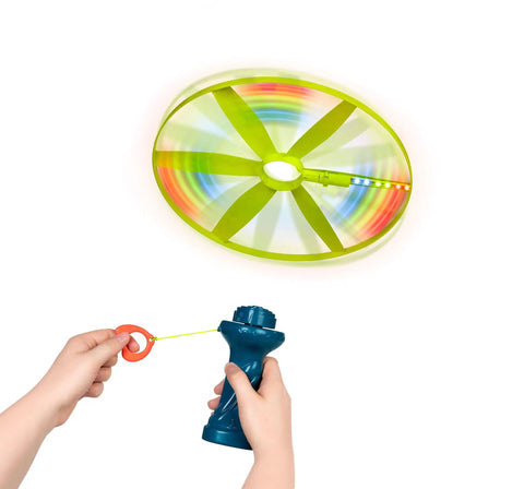 Skyrocopter Light Up Flying Disc With Launcher For Kids 5 And Up, Disco Flyer That Shines At Night being launched with a blue handle