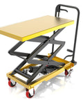 Heavy Duty Hydraulic Lift Cart With 330Lb Capacity, 49.6 Inch Max Lift Height, single scissor lift table and locking wheels, side view.