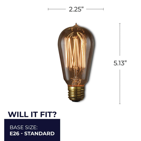 Two Pack 60W Antique Clear Dimmable Edison Style Light Bulbs Nostalgic Series, E26 base, dimensions shown