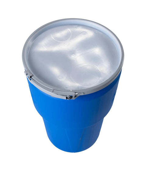 Blue 14 Gallon Plastic Drum for Hazardous Materials Storage and Spill Response DOT Compliant Open Head Drum with lid, top view