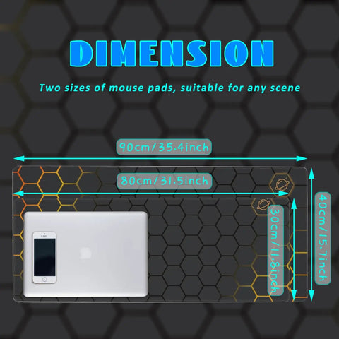 Big Ol Extended Desk Mat And Gaming Mouse Pad Large 35.4 By 15.7 Inch Surface with honeycomb black gold design next to a laptop