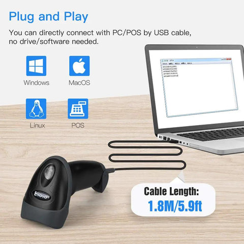 Handheld USB 2D Barcode Scanner Wired Plug And Play Automatic QR Code Reader With Long USB Cable for POS use