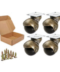 Set of four heavy duty caster wheels with antique brass top plate ideal for furniture mobility, including box and installation screws.