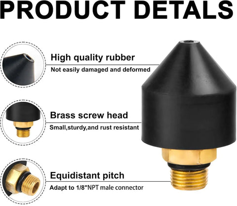 Detailed view of a rubber tip with brass fitting from the Three Piece One Eighth Inch Rubber Tip Set For Air Blow Gun.