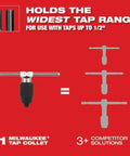 For Milwaukee Tool 49-57-5001 Tap Collet Plus Handle Bar Kit showing precision T-handle and its tap range comparison.