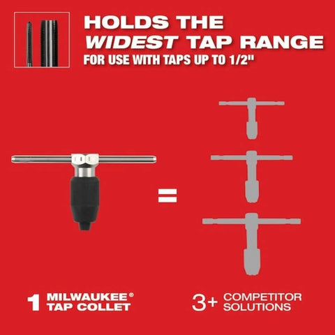 For Milwaukee Tool 49-57-5001 Tap Collet Plus Handle Bar Kit showing precision T-handle and its tap range comparison.