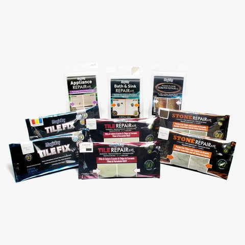 Assorted MagicEzy repair kits including Appliance Touch Up Paint For Stoves Microwaves And Fridges Black Epoxy Repair Kit displayed.