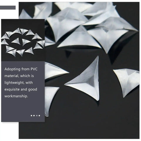 Clear triangular corner protectors displayed, part of 400 count set made from safe melamine material.