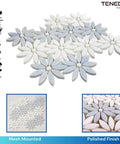 Tenedos daisy flower mosaic tile, light Celeste blue and white Thassos marble, waterjet-cut, 10 sheets