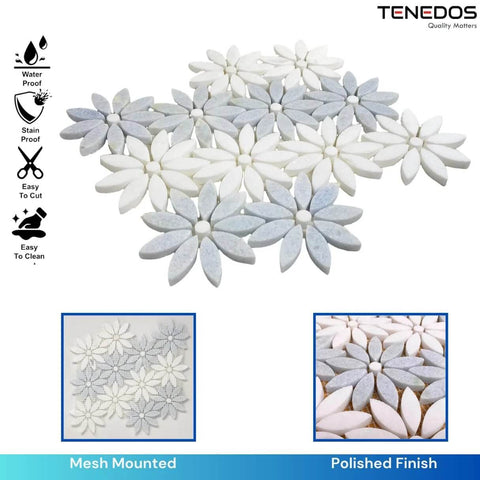 Tenedos daisy flower mosaic tile, light Celeste blue and white Thassos marble, waterjet-cut, 10 sheets