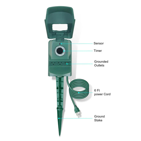Straight Up Hassle Free Outdoor Power Stake With Photocell Timer And Dusk To Dawn Sensor for three grounded outlets and a 6ft cord.
