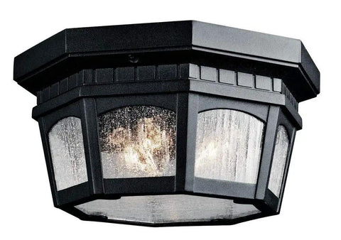 Courtyard Outdoor Ceiling Light Three Light Flush Mount In Textured Black With Clear Seeded Glass Damp Location Rated For Patios And Porches 6.25 In H By 12.25 In W 5.5 Lbs