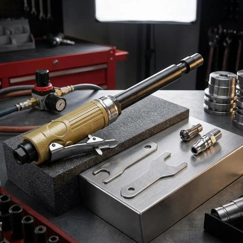 Pneumatic Die Grinder With Extended Shaft For Crevice Work Built Tough Aluminum Body, placed on workbench with tools and accessories.