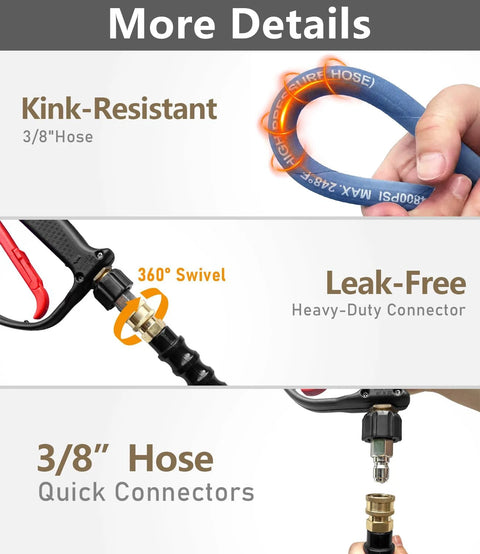 NAVOHEVEN 3/8 inch ID pressure washer hose, navy color, 100 ft, kink-resistant with 360° swivel and quick-connect fittings