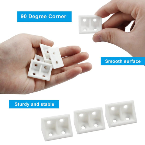 Twenty Piece Pack Of White Right Angle Brackets Heavy Duty Plastic L Shape Corner Braces For Woodworking Diy Builds Durable Corrosion Proof Hardware Fasteners Built To Rock in hand showing smooth surface.
