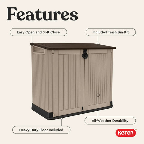 Outdoor Resin Horizontal Storage Cabinet For Trash Cans And Garden Tools, Weather-Resistant 30 Cu Ft Capacity With Lockable Easy Lift Lid