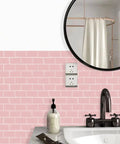 Bathroom with Pink Subway Tile Peel And Stick Backsplash Kit 10 Premium Self Adhesive Tiles for Kitchen and Bathroom 12x12 in use.