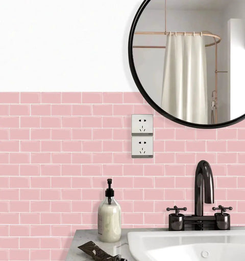 Bathroom with Pink Subway Tile Peel And Stick Backsplash Kit 10 Premium Self Adhesive Tiles for Kitchen and Bathroom 12x12 in use.
