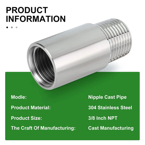 Stainless Steel Nipple Pipe Fittings 3/8 NPT Male X 3/8 NPT Female, 2 Pack Beefy 2 Inch Thickened Cast Pipe, 304 Stainless