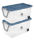 Pair Of Two 160 Quart Wheeled Stackable Storage Totes Clear Heavy Duty Plastic Containers With Secure Snap Lids in blue.