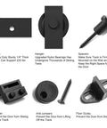 Eight Point Two Foot Sliding Barn Door Hardware Kit With Smooth Quiet Track Easy To Install Includes Step By Step Installation Instructions Fits Forty Eight Inch Wide Door Panel J Shape Hanger Beefy Alloy Construction With Black Powder Coat parts layout.