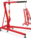 Heavy Hit 2 Ton Hydraulic Engine Hoist With Roll Away Casters And Adjustable Telescopic Boom Foldable Cherry Picker Shop Rig in red color.