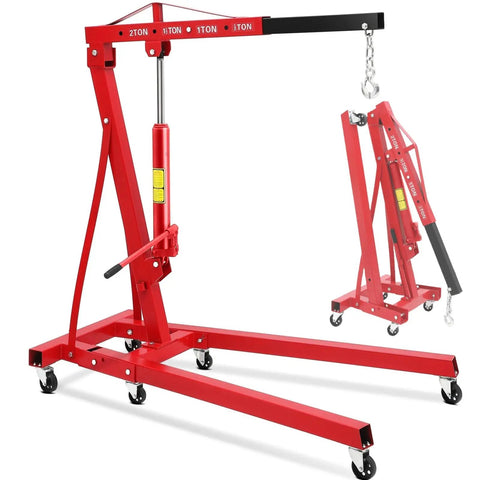 Heavy Hit 2 Ton Hydraulic Engine Hoist With Roll Away Casters And Adjustable Telescopic Boom Foldable Cherry Picker Shop Rig in red color.