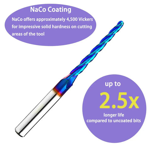 1 Degree Tapered Ball Nose CNC Router Bit with NaCo Coating for durability, three inch length, one quarter inch shank