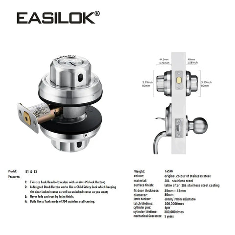 Twist To Lock Deadbolt No Keys Needed With Anti Mislock Button Front Door Lock Single Cylinder Stainless Steel Casing Never Rust Night Latch For Enhanced Safety Silver