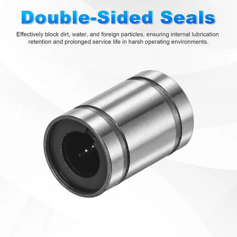 LM5UU Linear Ball Bearings 5mm Bore 10mm OD 15mm Length Rock Solid 4 Pack showing double rubber seals for protection.
