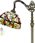 Tiffany Style Amber Stained Glass Floor Lamp With Double Bird Motif, Arched Gooseneck Reading Light, 12 Inch Shade, Antique Bronze Base